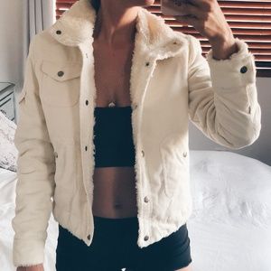 White Corduroy and Faux Fur Jacket